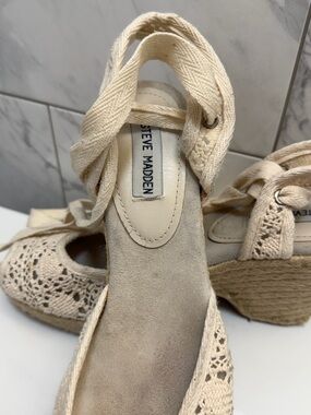 Steve Madden Cream Crochet Espadrille Wedge Sandals with Ankle Wrap